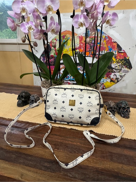 MCM Handbags - MCM White and Navy Visetos Logo Crossbody Bag